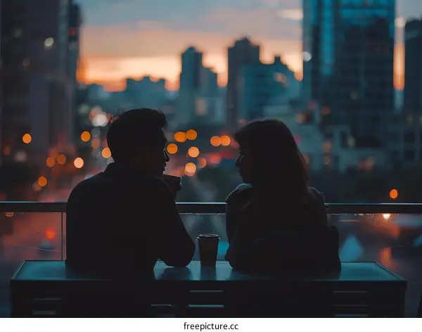A couple is sitting on a rooftop terrace and looking at the sunset.