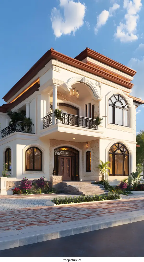 Modern Mediterranean Style Villa with Stone Wall and Balconies