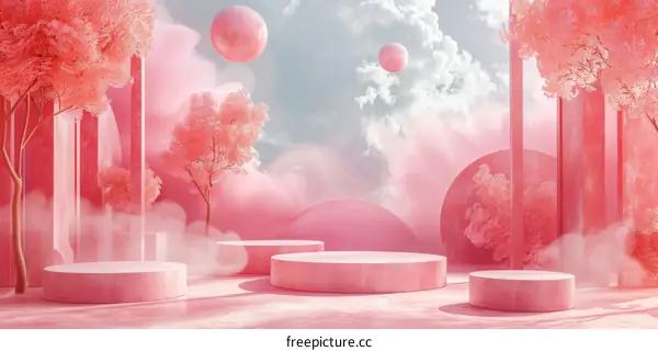 Pink Cylinder Podiums with Cherry Blossom and Cloud Background