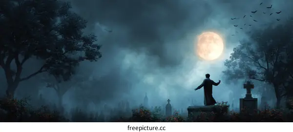 Night in the Graveyard with a Silhouette Figure