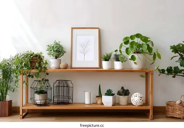 Stylish Home Decor with Plants and Wooden Shelves