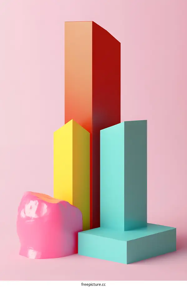 Abstract Colorful 3D Shapes Geometric Minimalist Pink Background