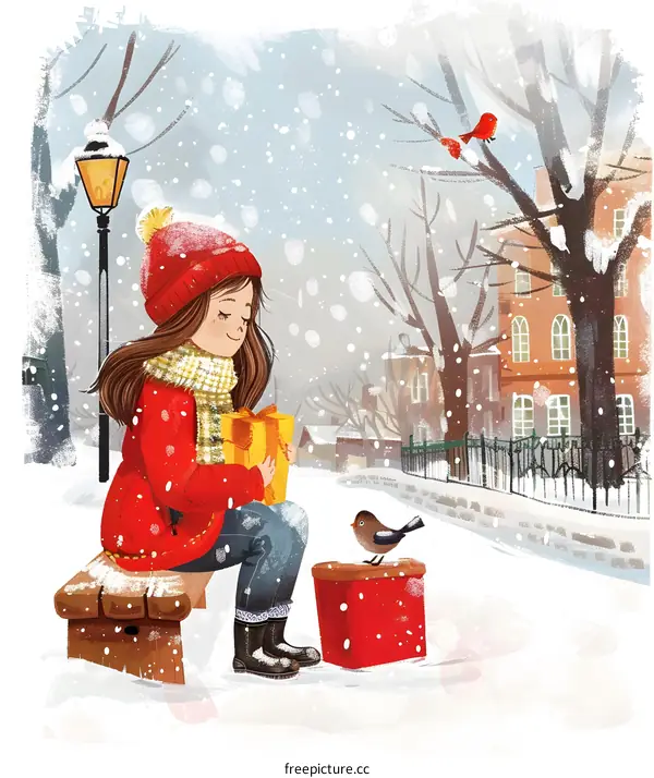 Girl Sitting on a Bench in Winter with a Gift
