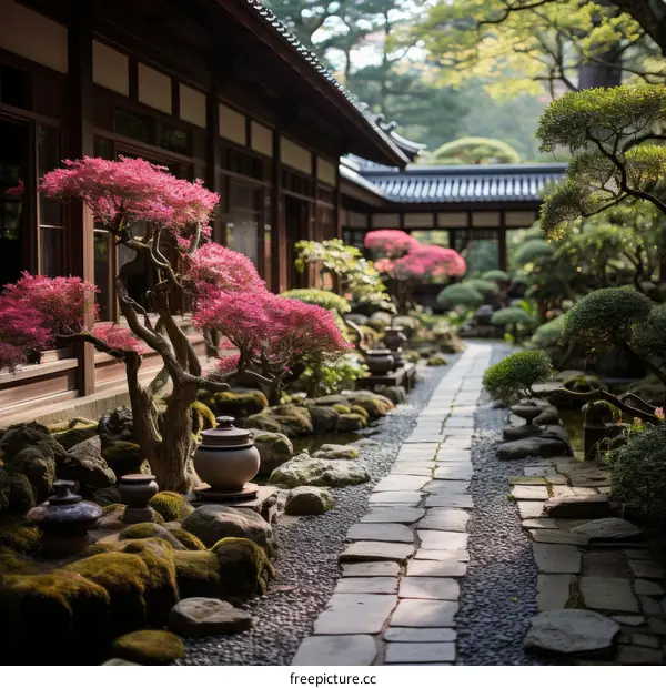 Japanese garden with a stone path, trees, and a pond