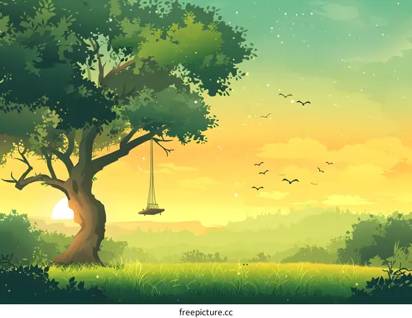 Swing Under The Tree In The Evening