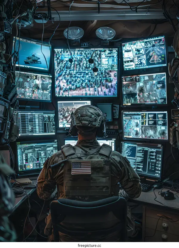 Soldier Monitoring Surveillance Screens at a Command Center