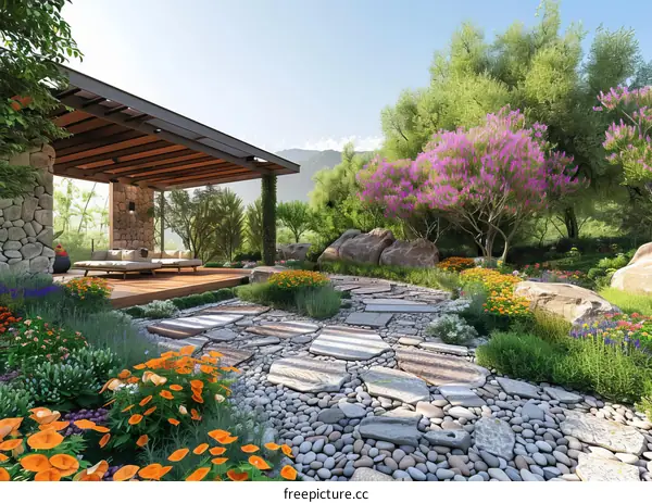 Courtyard garden with flowers, plants and trees in the mountain