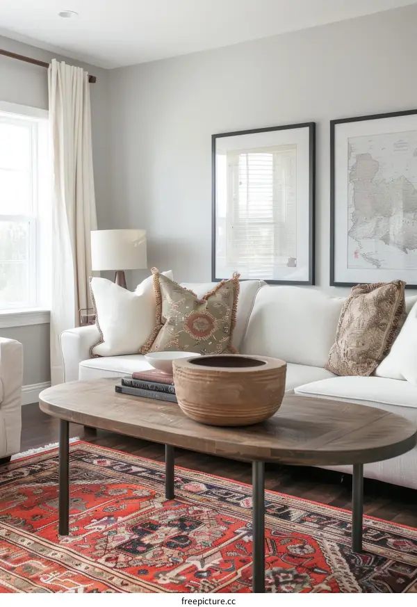 A living room with a coffee table, rug, sofa, and two chairs