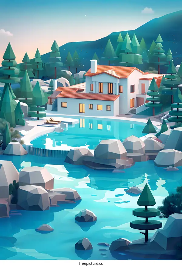 Low Poly Illustration of a Modern House with a Pool and Surrounding Forest