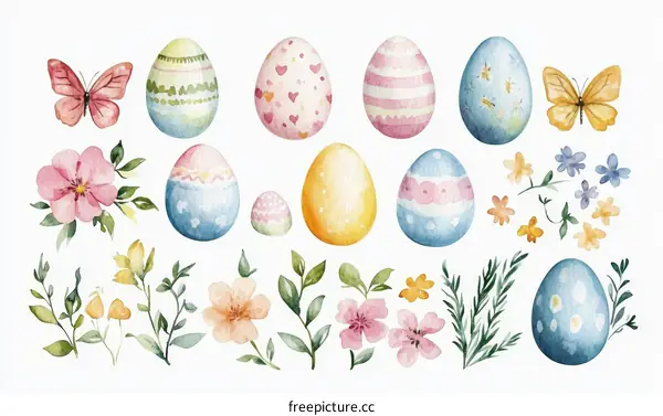 Watercolor Easter Eggs and Floral Decorations