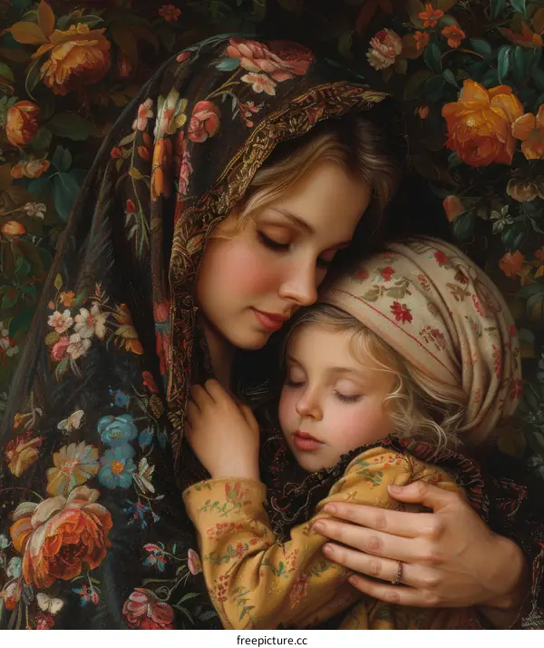 Mother and Child Portrait in Floral Embrace