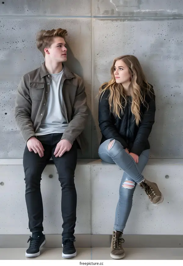 Young Couple Sitting On Wall In Urban Area