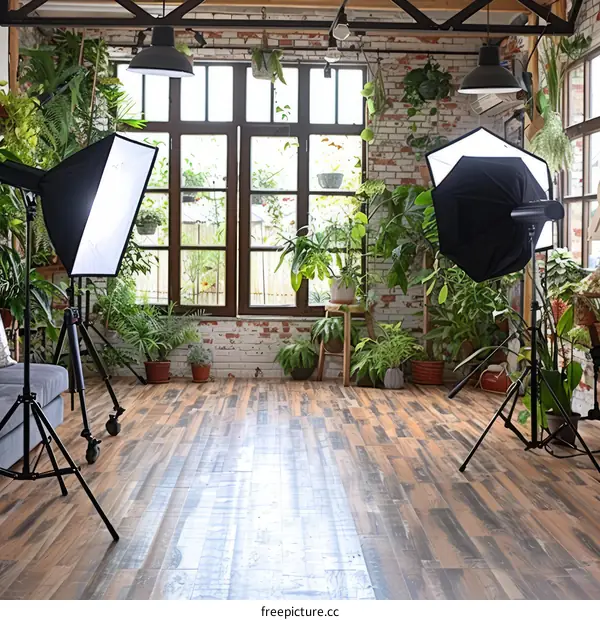 Modern Photography Studio with Natural Light and Greenery
