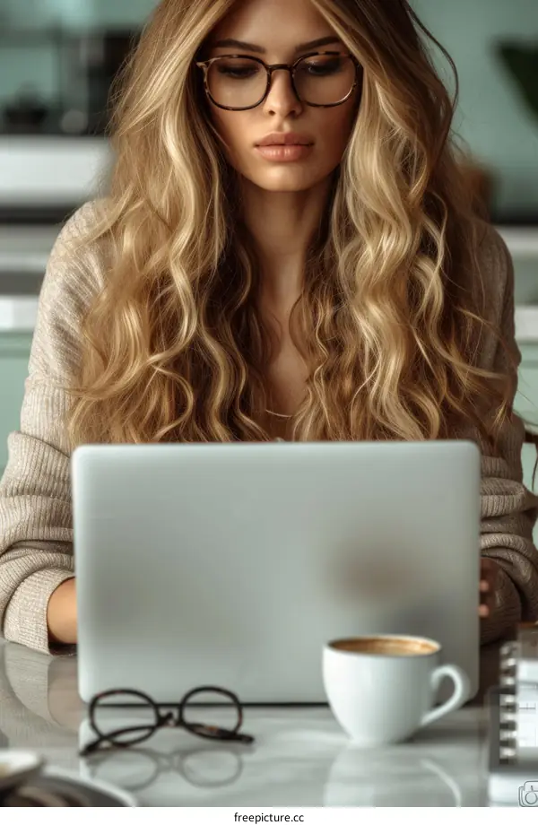 Young woman working on laptop in cafe