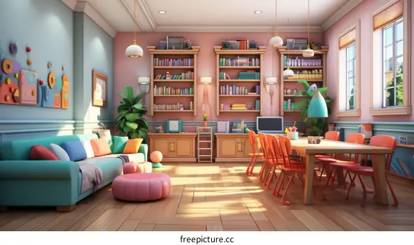 Colorful Classroom with Library and Dining Area