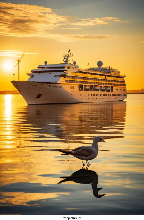 A cruise ship sails past a seagull at sunset