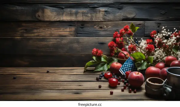 Rustic Table with American Flag, Fruit, and Flowers