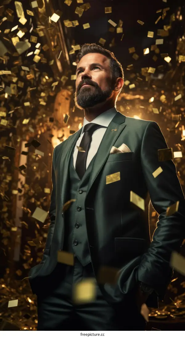 Confident businessman in green suit standing under falling golden confetti