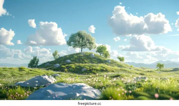 Peaceful Grassland Landscape with Tree on Hill
