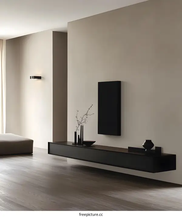 Minimalist Living Room Interior Design with Black Floating Shelf and TV