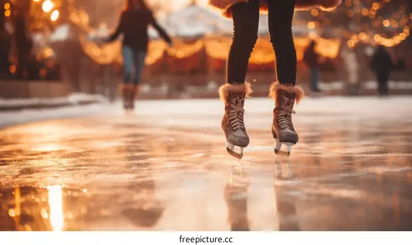 ice skating on a frozen lake surrounded by snow covered trees