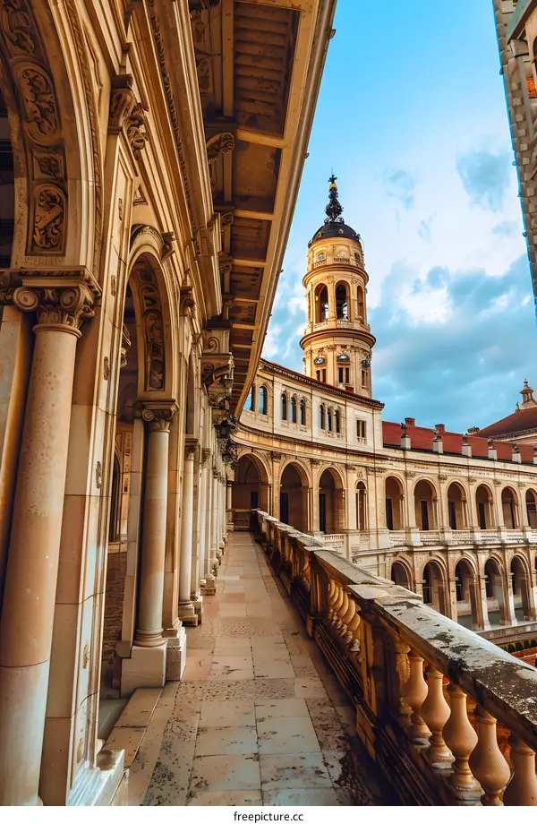 Old Stone Building with Arched Walkway and Tower