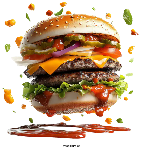 [Transparent Background PNG]Delicious Double Cheeseburger in Motion