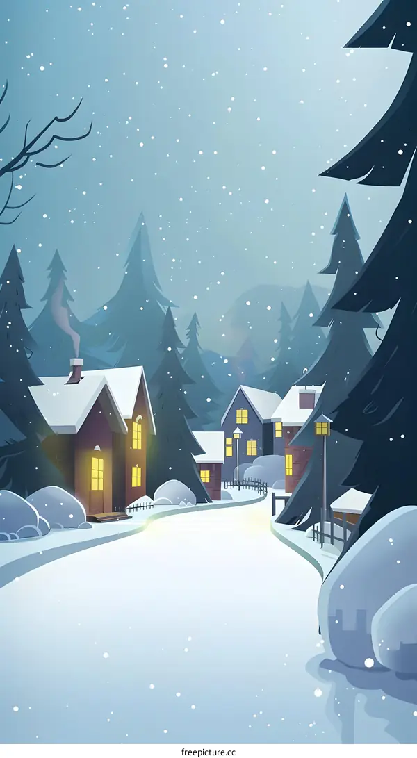 Snowy Winter Village Night Scene Illustration