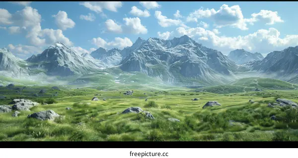 Fantasy Mountain Landscape with Green Field and Blue Sky