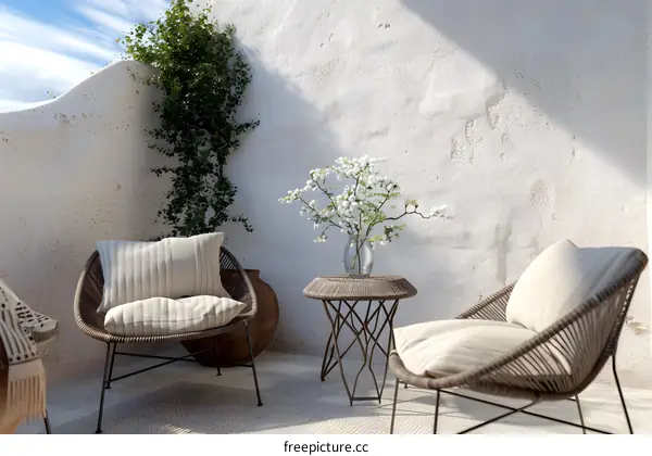 Minimalist Patio Design with Wicker Chairs and White Flowers