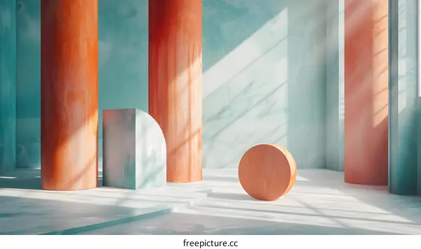 3D rendering of an abstract room with geometric shapes