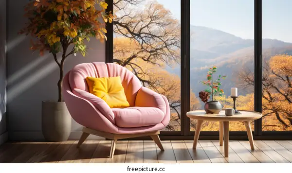 Pink Armchair with Autumn Forest View