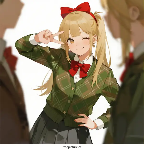 A Young Blond Schoolgirl with Red Bow Winking and Gesturing Peace Sign