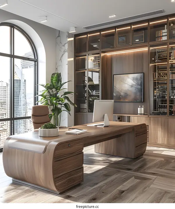 Modern Office Interior Design with Large Wooden Desk and City View
