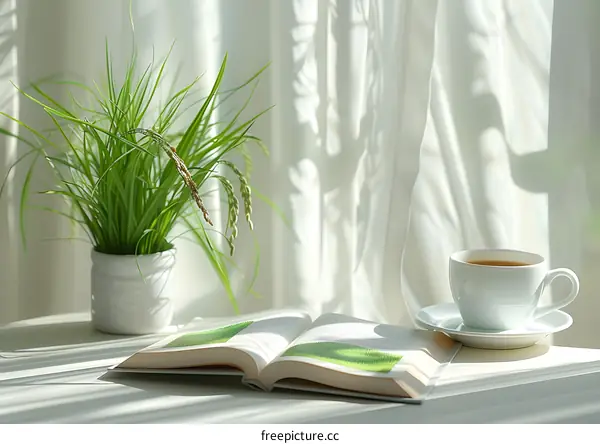Book and cup on table near window with sheer curtain