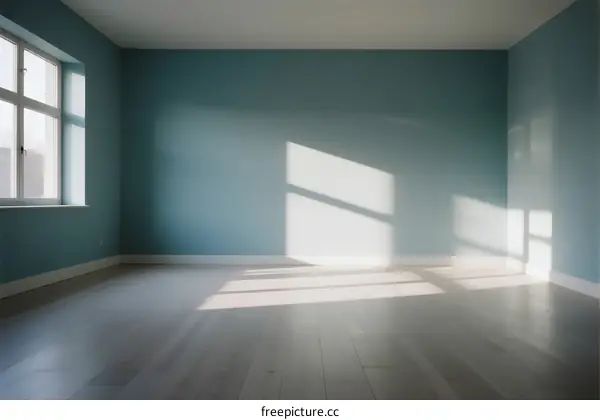 Empty room with blue walls and natural light from window