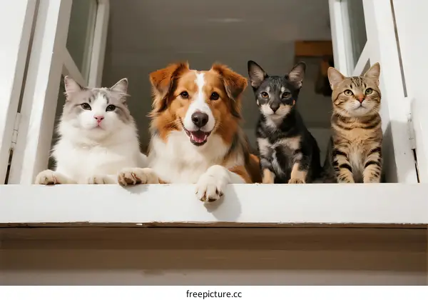 A group of diverse pets including dogs and cats looking out a window