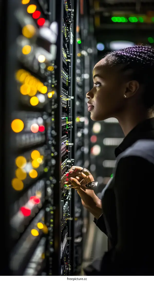 Black Woman Technician Working on Server Rack