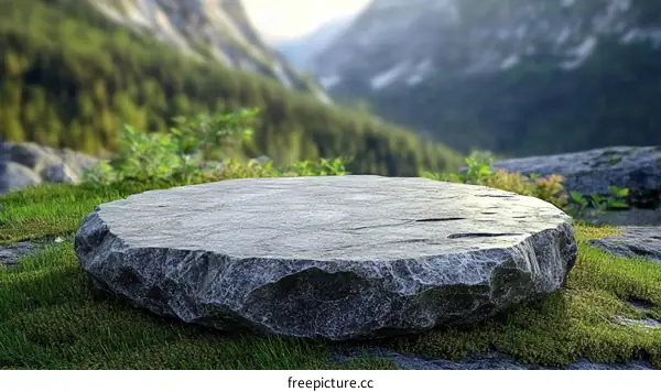 Natural Stone Display Platform Against Mountain Background