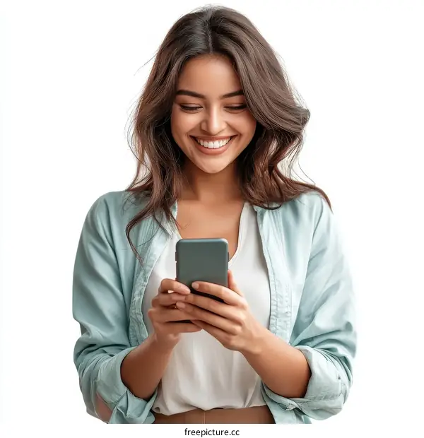 Smiling Woman Using Smartphone