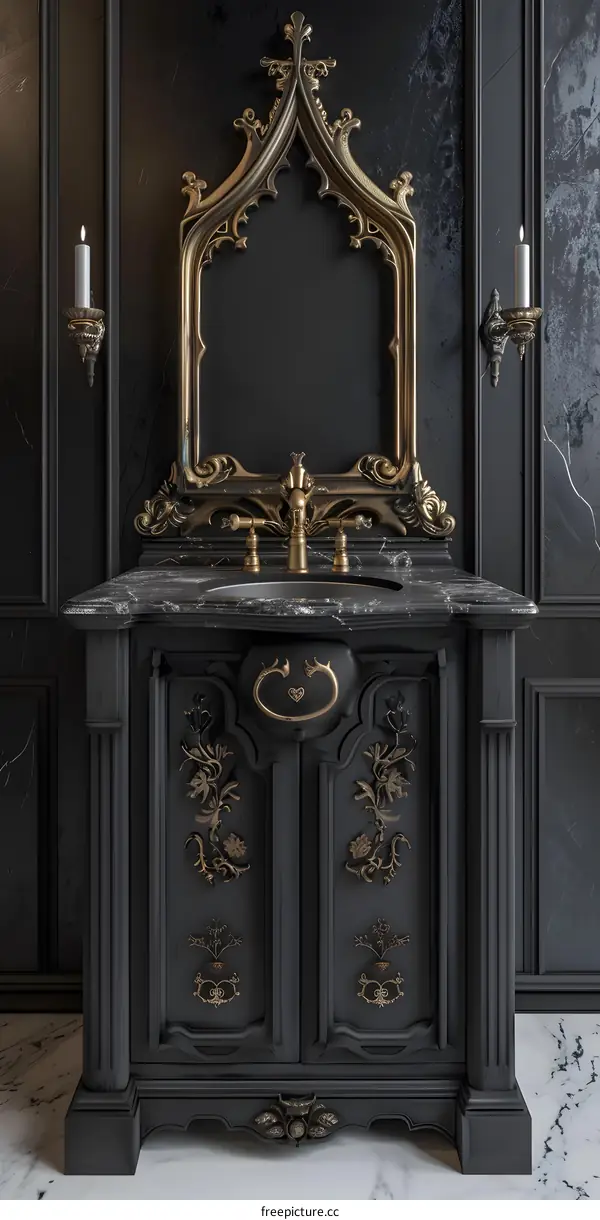Black and Gold Bathroom Vanity with Ornate Mirror