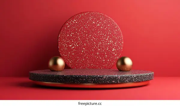 Red Geometric Display Platform with Gold Balls