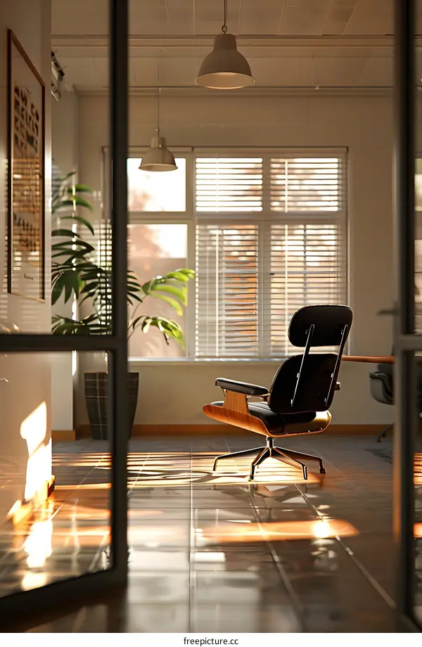 An empty office with a chair in the center