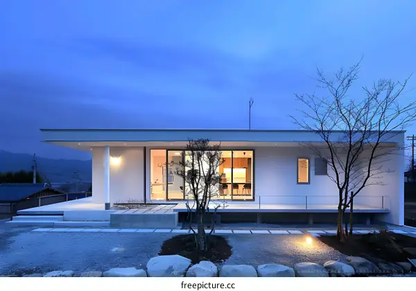 Modern Minimalist House Design with a Gravel Patio and Landscaping