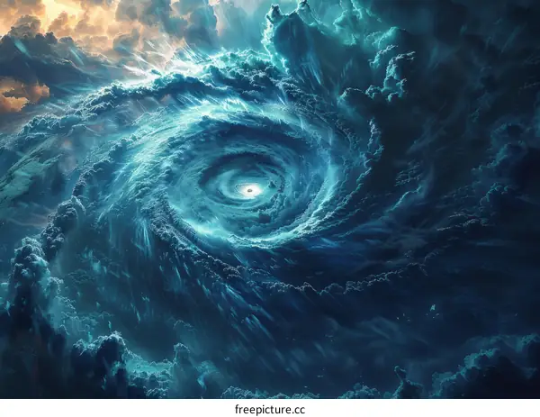 Blue and white clouds forming a hurricane