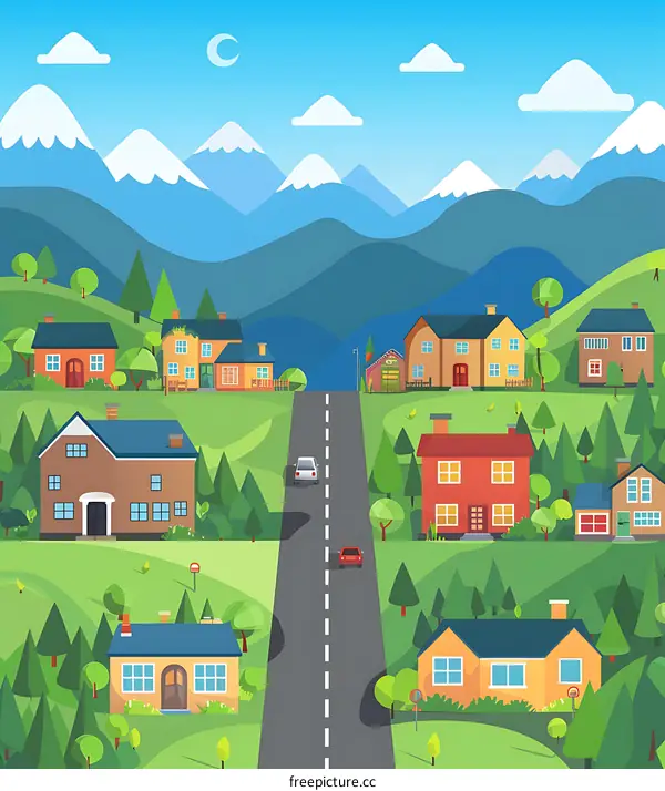 Cartoon Illustration of a Small Town with Houses and Mountains in the Background