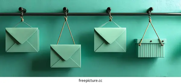 Mint Green Envelopes Hanging on a Metal Rod