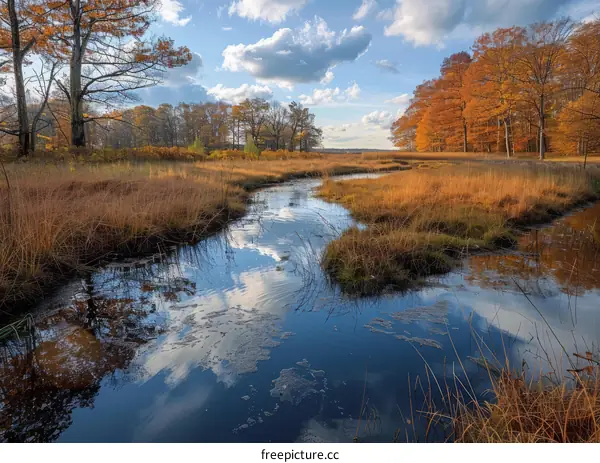 A tranquil autumn marsh landscape with a winding creek flowing through the middle