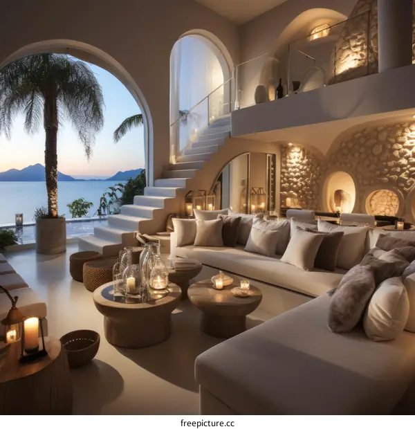 Modern Luxury Villa Living Room with Stunning Mediterranean Sea View