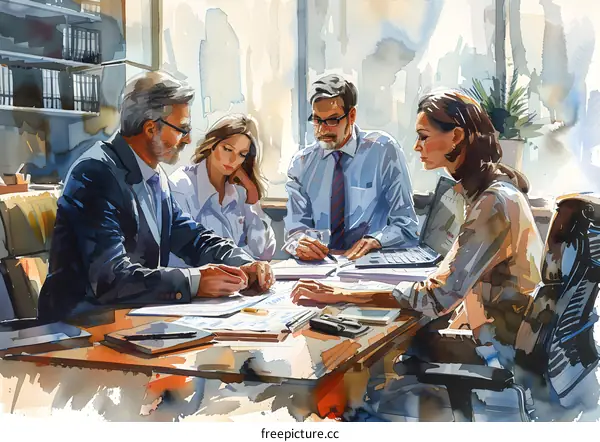 Business Meeting Watercolor Painting Illustration of Four People Discussing Documents at a Wooden Table